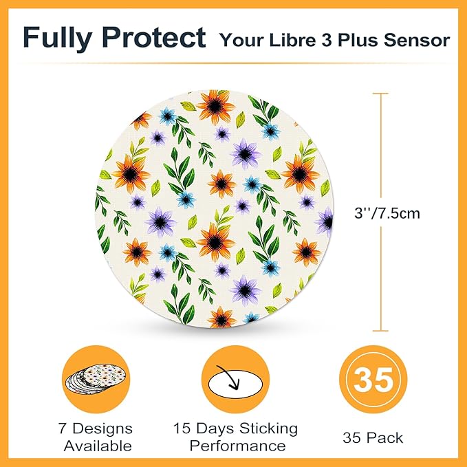 Libre 3 Sensor Covers Waterproof Breathable Latex-Free CGM Adhesive Patches for Freestyle Libre 3 Plus 15Days Protection Hypoallergenic Medical Glue No Hole,35Pack