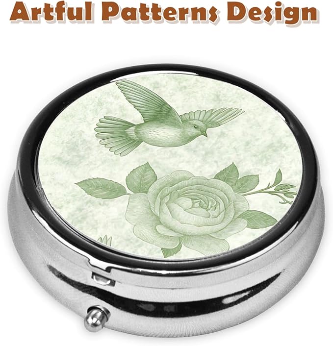 Metal Pill Organizer - 3-Compartment Mini Round Pill Case for Pocket & Purse, Portable Vitamin Holder, Easy-Open Design for Travel - Green Hummingbird Flower