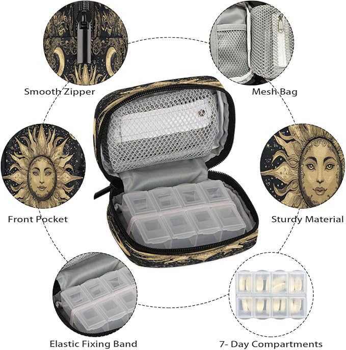 Golden Sun Moon Pill Case Travel Pill Organizer Weekly 7 Day Portable with Zipper Medicine Box Pill Case for Vitamins, Birth Control,Fish Oils,Medication, Supplements