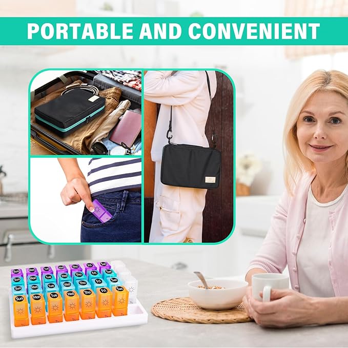 Monthly Pill Organizer 2 Times a Day, 2-in-1 for Home & Travel, 31 Day Pill Box AM PM with Cutter & Travel Bag, Portable Soft One Month Pill Box with Weekly Stickers for Medication & Vitamins