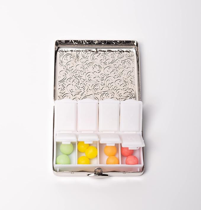 Fashion Elegant Medicine Portable Double Protection Switch Metal Travel Pill Box (7 Days) /8 Compartment (Light Silver)