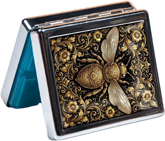 Metal 7 Day Pill Organizer, Cute Small Weekly Pill Case with 8 Compartments for Travel, Moisture-Proof Medicine Holder for Purse, Compact Daily Vitamin Box (Golden Bee Baroque)