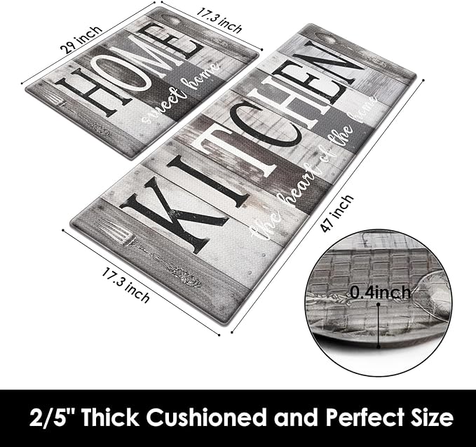 Arttown Farmhouse Anti-Fatigue Kitchen Rug Set of 2 Black Gray Wooden Cushioned Floor Standing Mat Waterproof Non-Slip Mat and PVC Ergonomic Comfort Foam Rug
