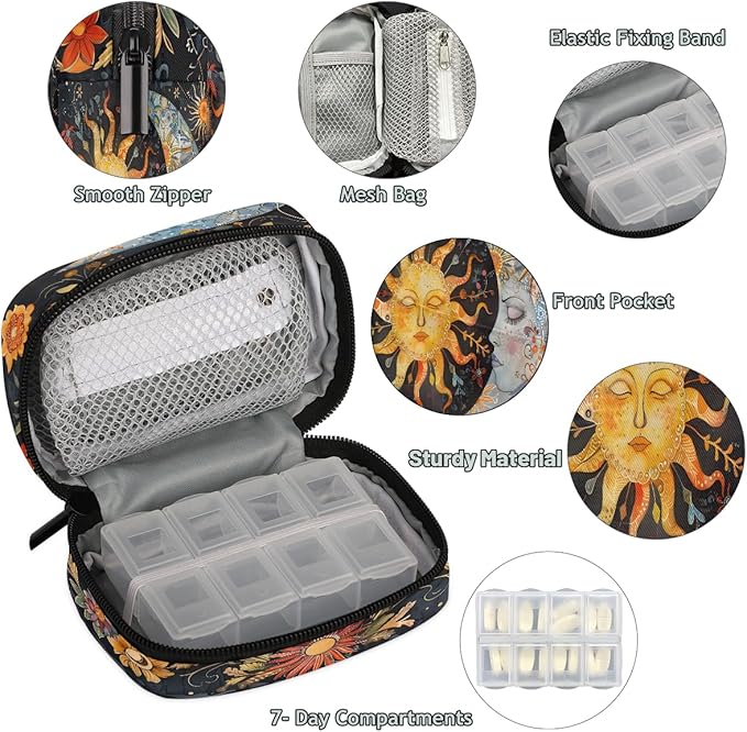 Abstract Sun Moon Flower Travel Pill Organizer Box Weekly Portable Pill Case Daily Pills 7 Day Small Birth Control Pills Container Removable Compartments for Medicine Vitamins Fish Oil