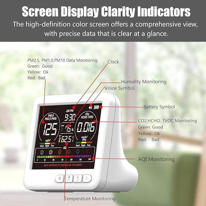 Professional Indoor Air Quality Monitor with AQI Alerts, Portable Real-Time Detector for Home, Car, Plants & Pets