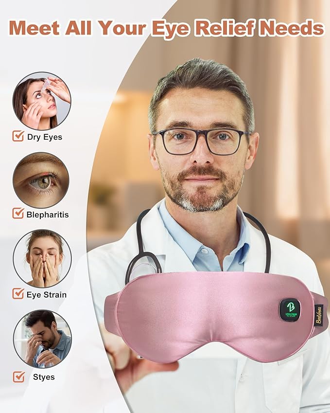 BeeVines Cordless Heated Eye Mask for Dry Eyes, Washable Heat Eye Masks for Blepharitis, Warm Eye Compress for Men & Women, 1500mAh Rechargeable Eye Warmer with Travel Pouch(Pink)