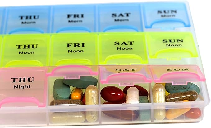 Inspirations 21 Compartments Pill Organizer Box, Medicine Remainder with Snap Lids, 7-Day AM/PM for Pills, Vitamins(6038, 21 Compartment)