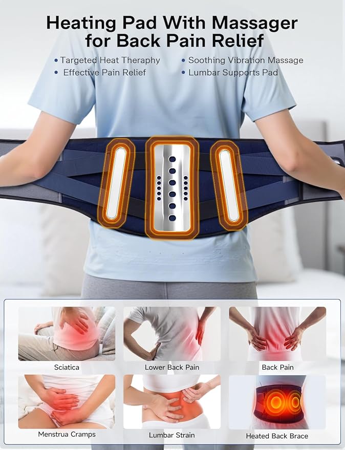 Cordless Heating Pad with Massager for Back Pain Relief, Gift for Women Men Mother Father, 47-60" Portable Lower Back Massager, Wearable Wireless Heating Pad for Cramps with 3 Heat&Timer, 5 Vibration