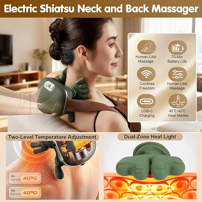 Siasoo Neck Massager With Heat-Wireless Portable Shiatsu Neck and Shoulder Deep Tissue 4D Kneading Back Massage With Fingers,Simulated Human Hand Design for Muscle Relax Massager Easter Gift for Mom