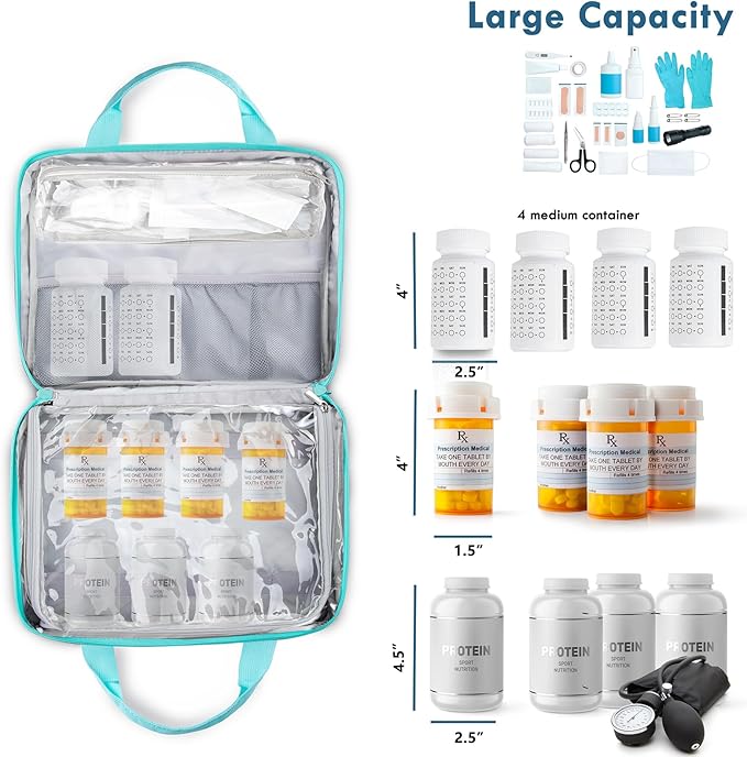 BAGSFY Medicine Bag for Traveling, Pill Bottle Organizer Storage, Large Medication Travel Case, Pills Box for Vitamin, First Aid Kit Bags Empty. (Comes with Weekly Pill Organizer)