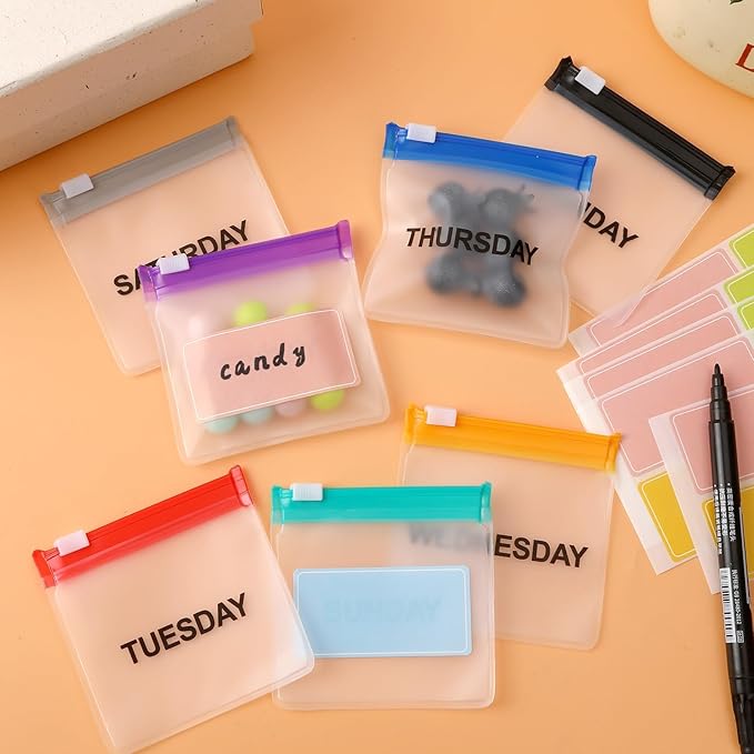 MARFOREVER 25 Pcs Pill Pouch Weekly Reusable Translucent Pill Bags Travel Medicine Organizer Small Pill Container Storage with Slide Lock 14 Pcs Plastic Medicine Bags 10 Sheets Labels and A Marker