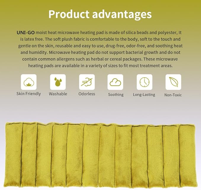 UNI-GO Silica Beads Microwave Heating Pad for Hot Compress and Cold Compress, No Smell, Reusable Microwavable Heating Pad for Back, Neck, Shoulder, Leg, Muscle Ache & Cramps. (Olive Green-7"x21")