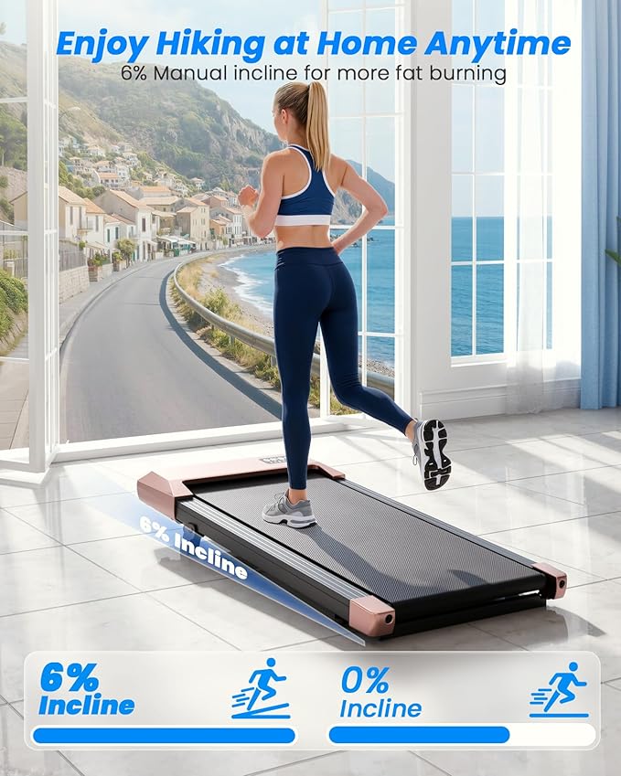 DeerRun Under Desk Walking Pad Treadmill with 6% Manual Incline, 0.6-3.8 MPH Walking Speed, 2.5 HP, 300 lb Capacity, App & Remote Control, for Home Office & Small Spaces