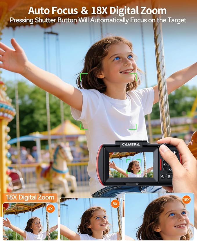 4K Digital Camera for Photography Autofocus,64MP WiFi Vlogging Camera with 3” 180° Flip Screen for YouTube,18X Zoom Travel Camera for Beginners,32GB Card & Rechargeable Battery (Black)