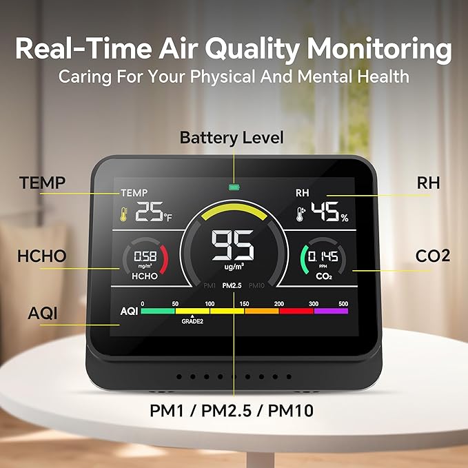 13 in 1 Portable Air Quality Monitor Indoor for Home, Car and Office Air Quality Tester for 6AQI,HCHO, PM2.5, PM1.0, PM10, CO2 Detector Air Quality Meter with Temperature, Humidity (Black)