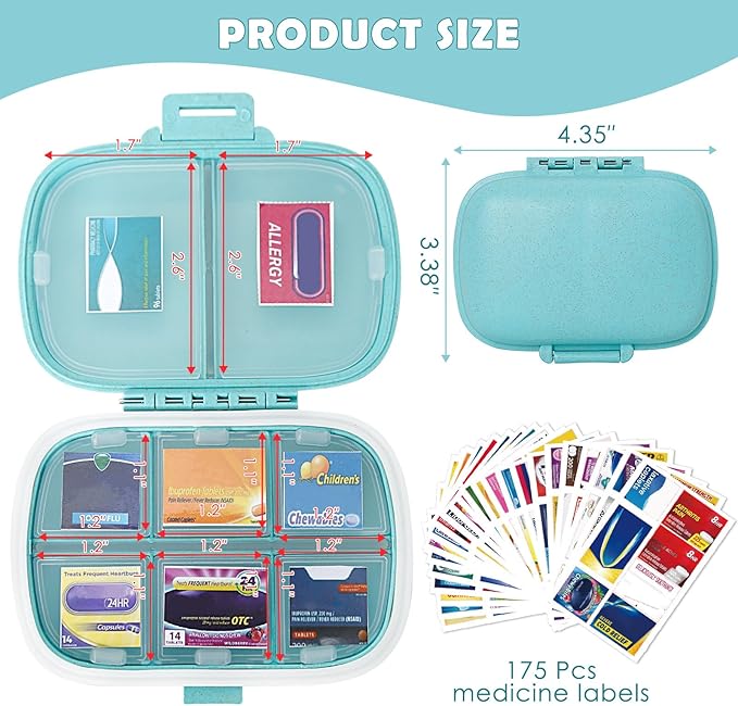 DIY Mini Pharmacy with Brand Labels, Dampproof Mini Travel Pill Organizer, Foldable Medication Storage 7 Day Pill Case, Blue