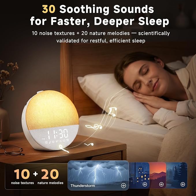 Sunrise Alarm Clock White Noise Machine | Natural Wake-Up Light for Bedroom with 30 Soothing Sleep Aids, Bluetooth Speaker, Dimmable Clock, Screen-Free Design for Baby Adults Kids-White