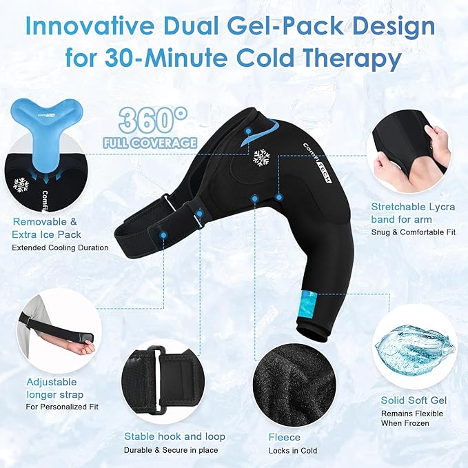 ComfiTECH Dual-Gel Shoulder Arm Ice Pack Wrap with Extended 30-Min Cooling, Detachable Cold Pack & Flexible Gel Ice Sleeve for Volleyball Pitchers, Post-Workout Recovery, Muscle Relaxation, Medium