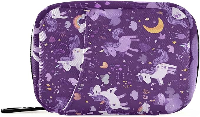 Dark Purple Unicorn Rainbow Travel Pill Organizer Case Box Container Weekly Portable Vitamin Medicine Holder Storage Bag with Zipper Removable