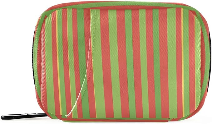 Green Red Stripe Travel Pill Case Bag with Compartments Twill Fabric Organizer with Plastic Inner Box for Medication Vitamins & Supplements