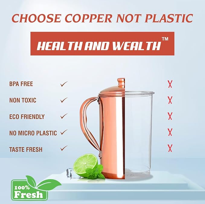Pure Copper Pitcher for Ayurvedic Health Benefits 1.5 liter Handcrafted Copper Water Jug with Matching Lid | for Ayurveda Health Benefits (50.7 US Fluid Ounce)