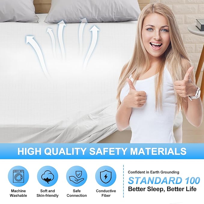 Grounding Sheets for Earthing Queen Size, Fitted Earthing Sheets Grounding Fitted Sheet for Improving Sleep, Better Working and Help with Anxiety, Organic Cotton & Silver Fiber, White