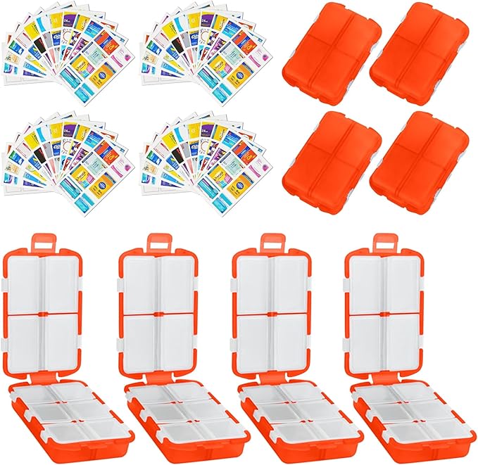4PCS 7-Day Pill Organizer with Labels – Compact Daily Medication Case | Travel-Sized (3.7" x 2.4") Secure Lock | AM/PM Compartments | Includes 300+ Common Medicines Vitamins Health Product Sticker