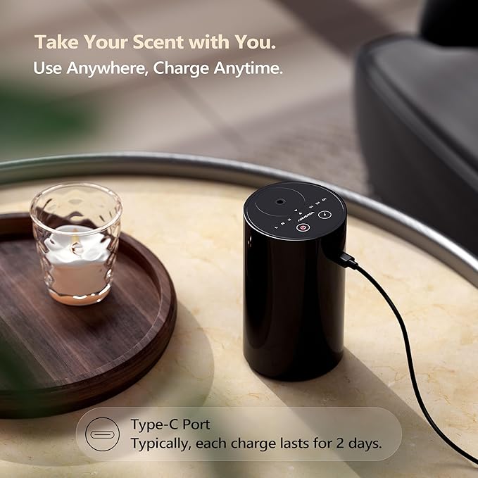 Airversa Waterless Essential Oil Diffuser Starter Kit with 2x20mL Hotel Scent Fragrance Oil for Home Car Room Office, Battery Operated Mini Scent Air Machine Portable Diffuser, AN8Kit-C Black