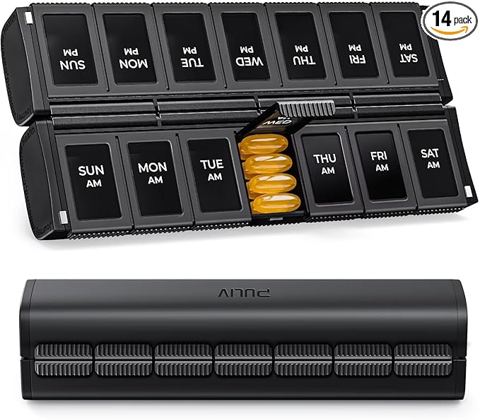 PULIV Weekly Pill Organizer 2 Times a Day with Magnetic Foldable Design for Dual Protection, Large AM PM Pill Box Case for Travel, Compact Medication Organizer for Vitamins, Fish Oils and Supplements