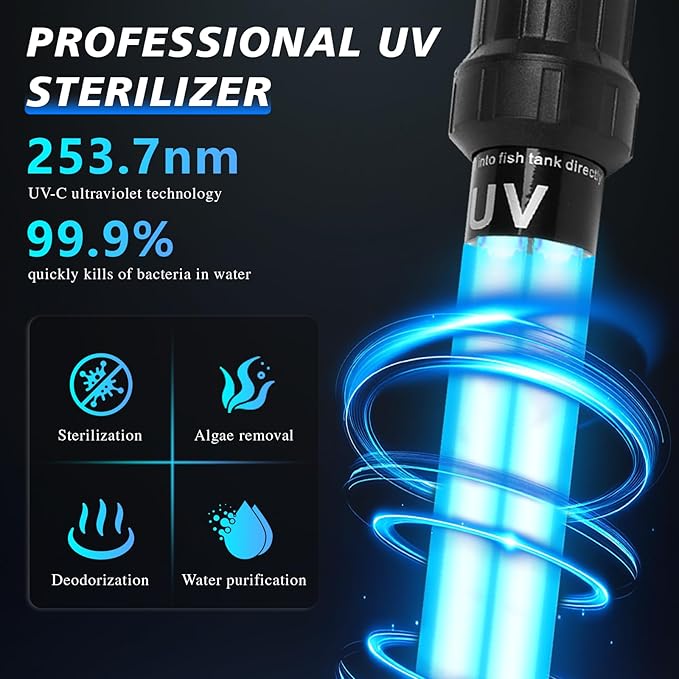 20W UV Submersible Sterilizer Light for Aquarium, Pond, Cold Plunge, Pool, Hot Tub – Ozone-Free UV-C Water Filter Lamp with Quartz Glass, Weighted Gravity Block