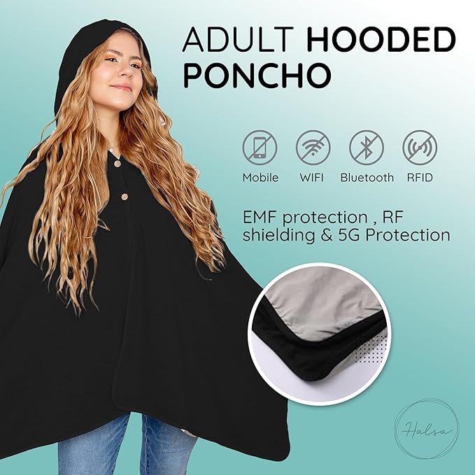 EMF Protection Poncho, Wrap. Wearable Blanket with Hood. Block EMF, RF, WiFi, Bluetooth. 72"x28". Black Color. For Men and Women.