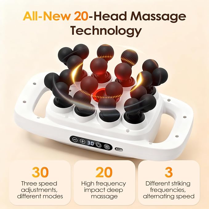 20-Head Massage Gun Set, Deep Tissue Percussion Massager with 3 Modes & 30 Intensities, Muscle Massager Pain Relief, Portable Massage Gun for Back/Shoulders/Legs/Waists (White,20-Head)