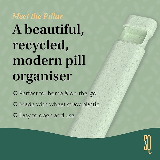Pillar - 7 Day Pill Box Organizer | BPA-Free Wheat Straw Pill Organizer | Beautiful Tablet Organiser for Travel and Home (Sage Green)