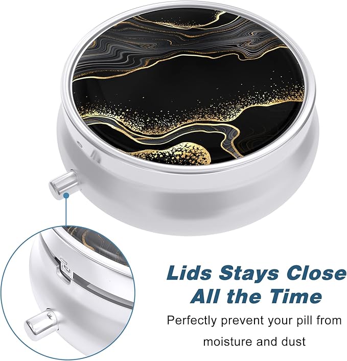 Pill Case, Cute Travel Pill Box for Purse, Moisture Proof Small Medicine Holder, Portable Pocket Medicine Organizer Dispenser to Hold Vitamins, Cod Liver Oil, Supplements, Luxury Black Marble