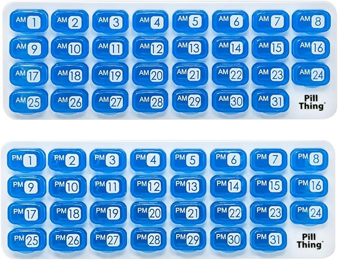 AM/PM Monthly Pill Organizer Tray with 31 Morning and Evening Daily Removable Pill Box Pods (Blue - AM/PM)