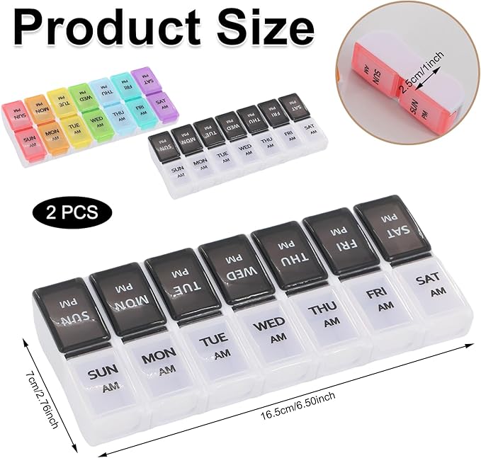 2 PCS Pill Organizer 2 Times a Day for Easy Tracking, Cute Weekly Pill Organizer for Vitamins, Fish Oil, Supplements, Medicines (Colorful/White and Black)