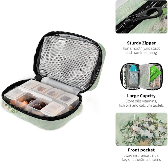 Roses Van Gogh Pill Box 7 Day Pill Case Bag Travel Pill Organizer Bag with Zipper Portable Weekly Case Compact Size for Vitamin Supplement Holder