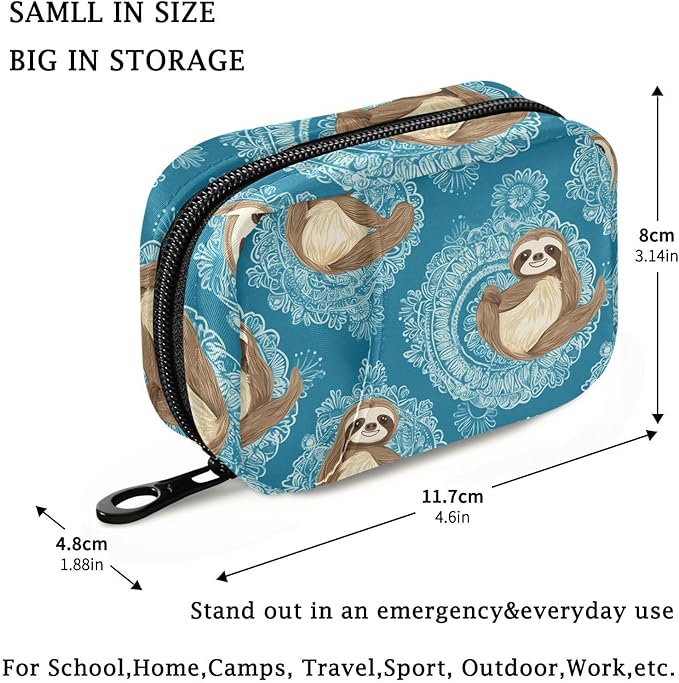 Fustylead Cute Sloths on The Round Ornaments of Mandalas Travel Pill Organizer Case Zipper for Purse with Removable Weekly Pill Box for Medicine, Vitamin, Supplement Medicine Organizer