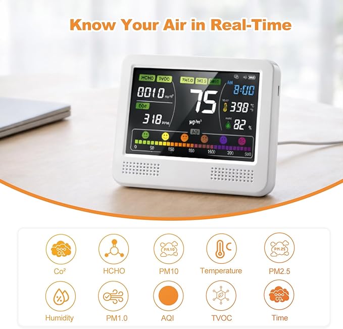 16-in-1 Indoor Air Quality Monitor and Detector with 7AQI Beep Alarm, CO2 Monitor, PM1.0, PM2.5, PM10, Temperature, Humidity, Formaldehyde, VOC Tester