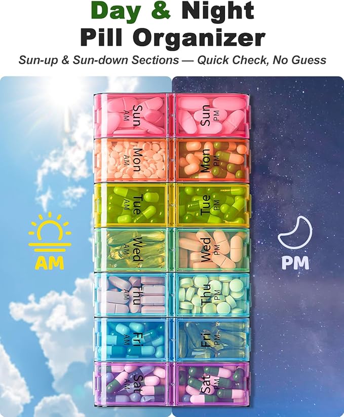 Extra Large Pill Organizer 2 Times a Day, Weekly XL AM PM Pill Case, 7 Day Pill Box Twice a Day, Oversized Daily Medicine Organizer for Vitamins, Big Pill Container, Medication Dispenser (Rainbow)