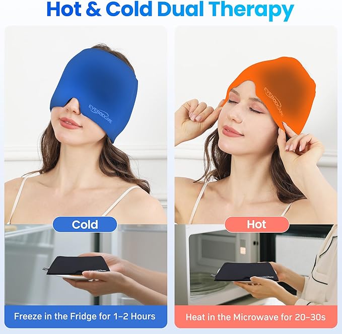 Migraine Relief Cap, Reusable Headache Relief Cap with Hot & Cold Therapy, Soothing Headache Hat, Odorless Gel Ice Head Wrap for Tension, Stress & Sinus, Headache & Puffy Eyes, Black,1Pc