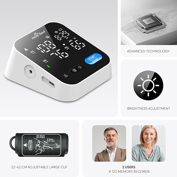 Easy@Home Blood Pressure Monitor for Home Use, Digital Talking BP Machine with Adjustable Voice, Large 3-Color LED Display, One-Touch Operation, Free MyHeartPal App, No Bluetooth, EBP-703