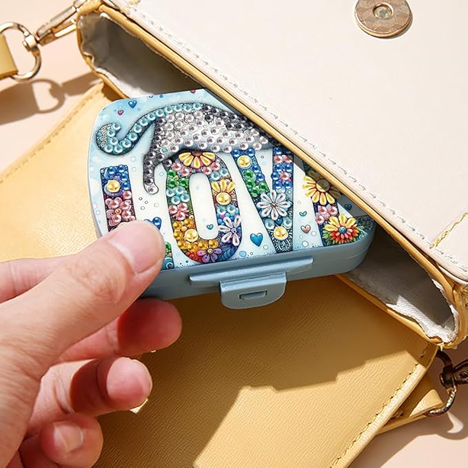 C'eitura DIY Love Cat Diamond Art Painting Blue Pill Organizer with 6 Lid Detachable Compartments, Fun DIY Craft Project for Adults, Elegant Pill Case for Purse & Travel