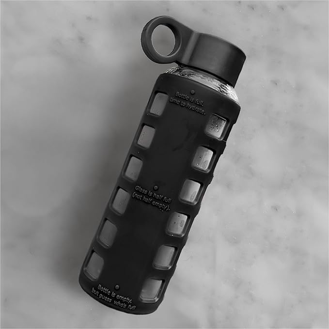 purifyou 40oz / 32oz / 22oz / 12oz Borosilicate Glass Water Bottle with Time & Volume Markers, Silicone Sleeve, Stainless Steel Lid | Reusable Glass Bottle for Water & Juice (12oz Jet Black)