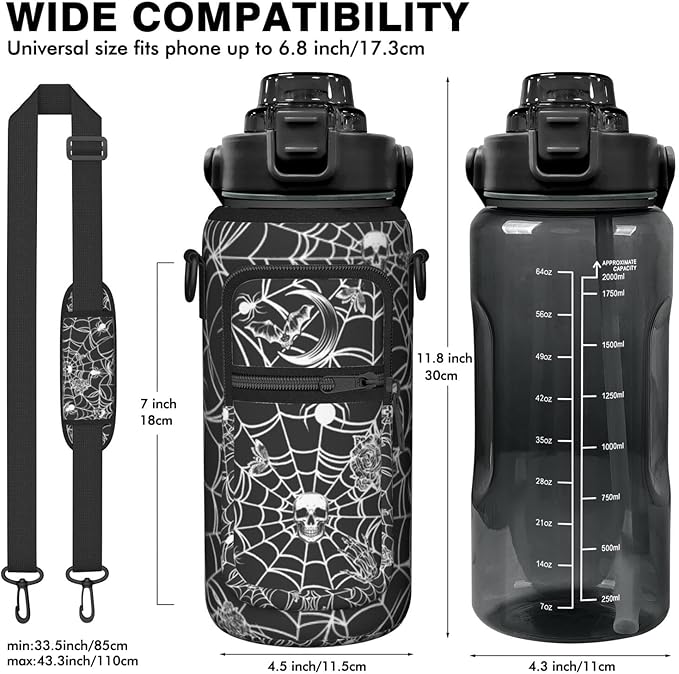 Halloween Half Gallon Water Bottle with Sleeve - Flip Top Bpa Free 64 OZ - Motivational Time Marker Leakproof Water Jug - Gothic Witchy Gifts for Women - Spider Web for Gifts