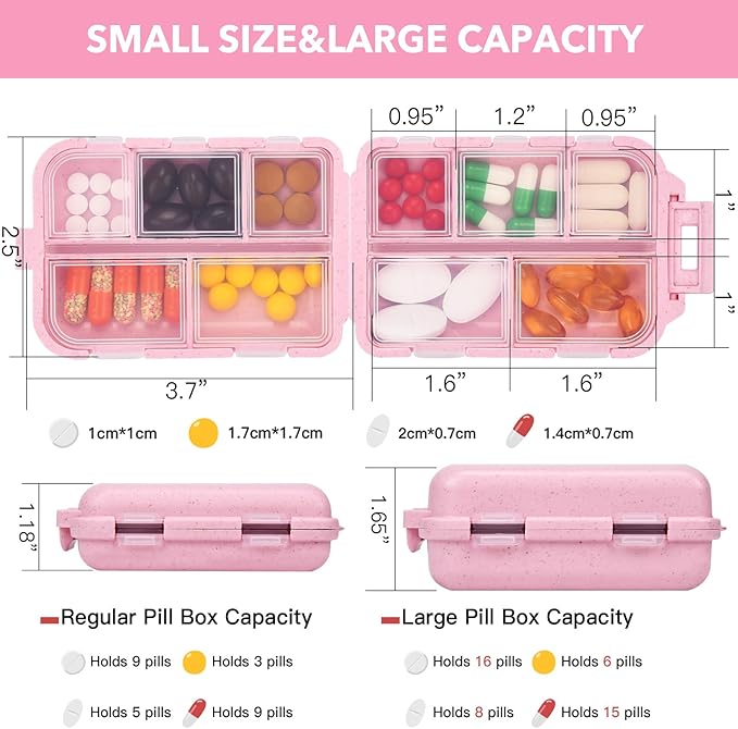Large Travel Pill Organizer with Medicine Labels, Travel Pill Box Medicine Organizer Daily Pill Container 10 Compartments Purse Pill Case (Pink, 189 Lables)