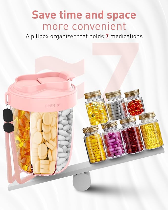 Large Pill Organizer with 7 Compartments，Anti-Mix Pill Box,with Wide Openings Design，Easy to Use，Includes 20 Pcs Labels,BPA-Free Pill Dispenser（Pink&Gray）