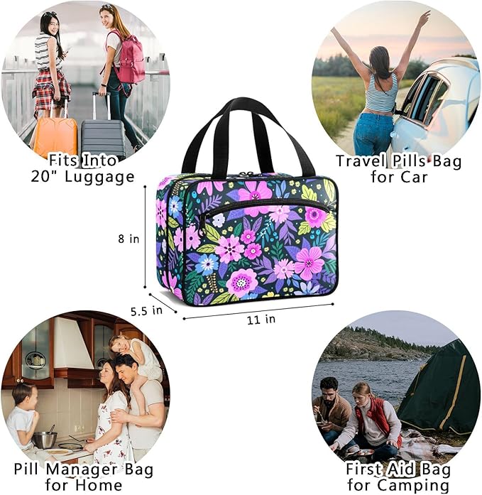 Naanle Pill Organizer Bag Travel Pill Bottle Medicine Organizer Home Storage Medication Bag for Vitamin Supplements, Purple Floral Empty First Aid Bag for Car Camping, 1.0 Count