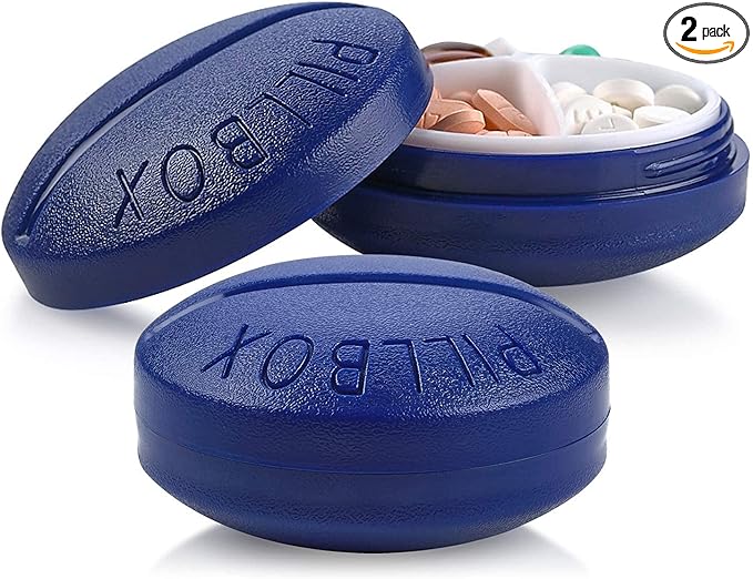 Small Pill Boxes - Pack of 2 - Mini Compact Round Portable 4 Compartment Travel Pills Case Organizer, Vitamin and Medication Dispenser Holder for Up to 4 Times a Day, BPA Free Pill Reminder