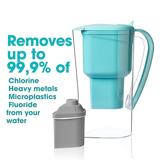 Alkanatur Alkaline Hydrogen Water Filter Pitcher - Removes Fluoride, Chlorine, Microplastics, PFAs, Lead - Activated Coconut Carbon, Ionizer, pH 9.5, Adds Magnesium (Filter with Added Zeolite (Blue))